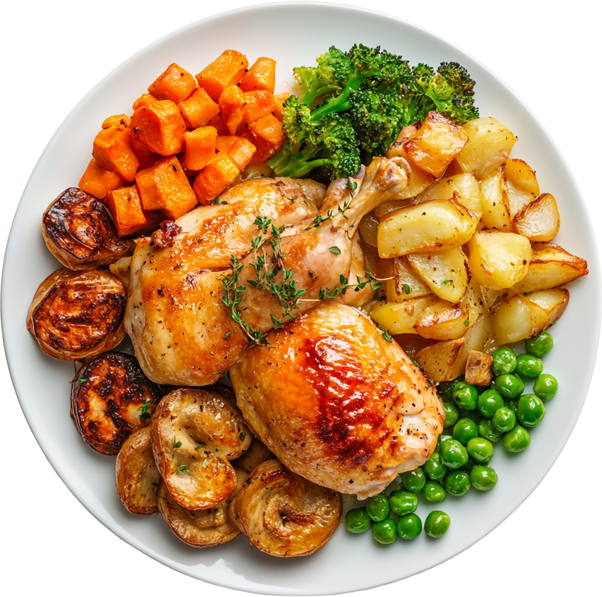Prato branco com frango assado, batatas, brócolis, ervilhas e legumes coloridos